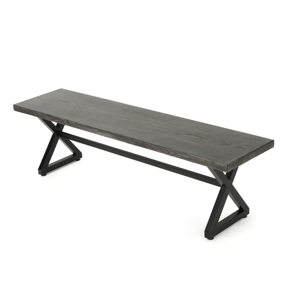 Benjara Romita Outdoor Dining Bench, X Shape Legs, Gray Metal, Black Steel, 63 Inch