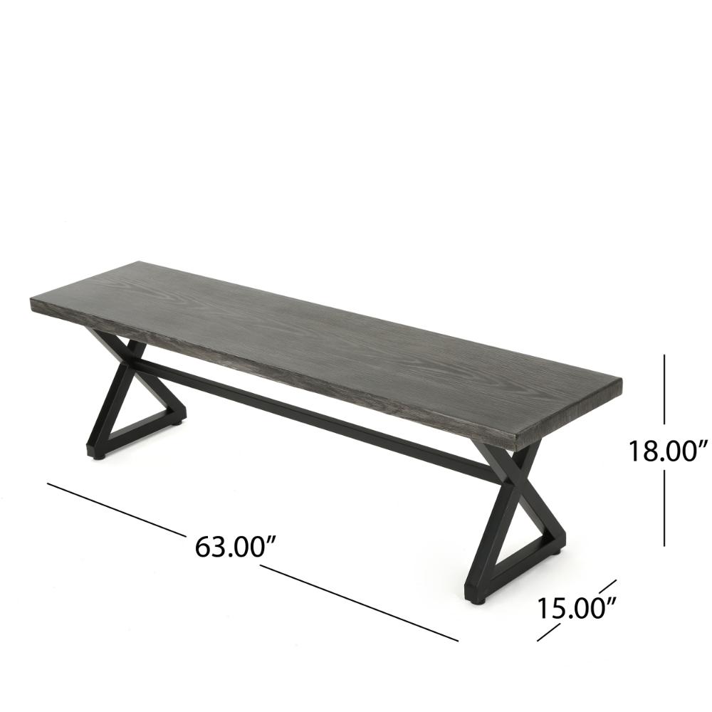 Benjara Romita Outdoor Dining Bench, X Shape Legs, Gray Metal, Black Steel, 63 Inch