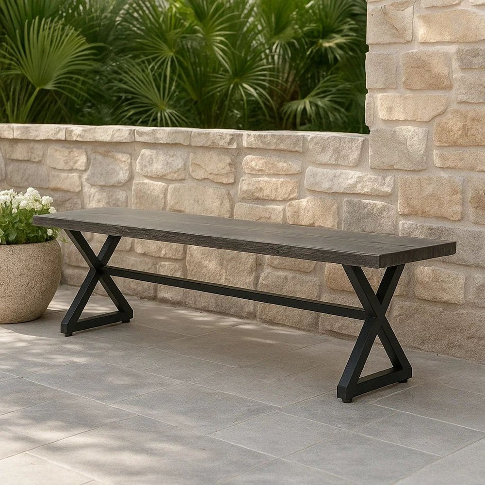 Benjara Romita Outdoor Dining Bench, X Shape Legs, Gray Metal, Black Steel, 63 Inch