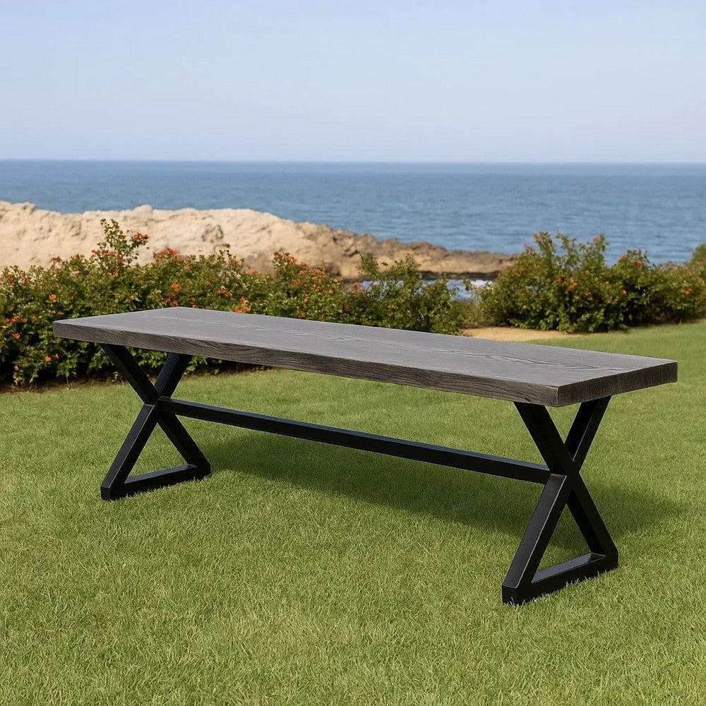 Benjara Romita Outdoor Dining Bench, X Shape Legs, Gray Metal, Black Steel, 63 Inch
