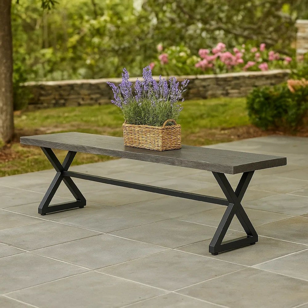 Benjara Romita Outdoor Dining Bench, X Shape Legs, Gray Metal, Black Steel, 63 Inch