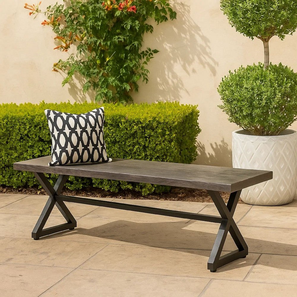 Benjara Romita Outdoor Dining Bench, X Shape Legs, Gray Metal, Black Steel, 63 Inch