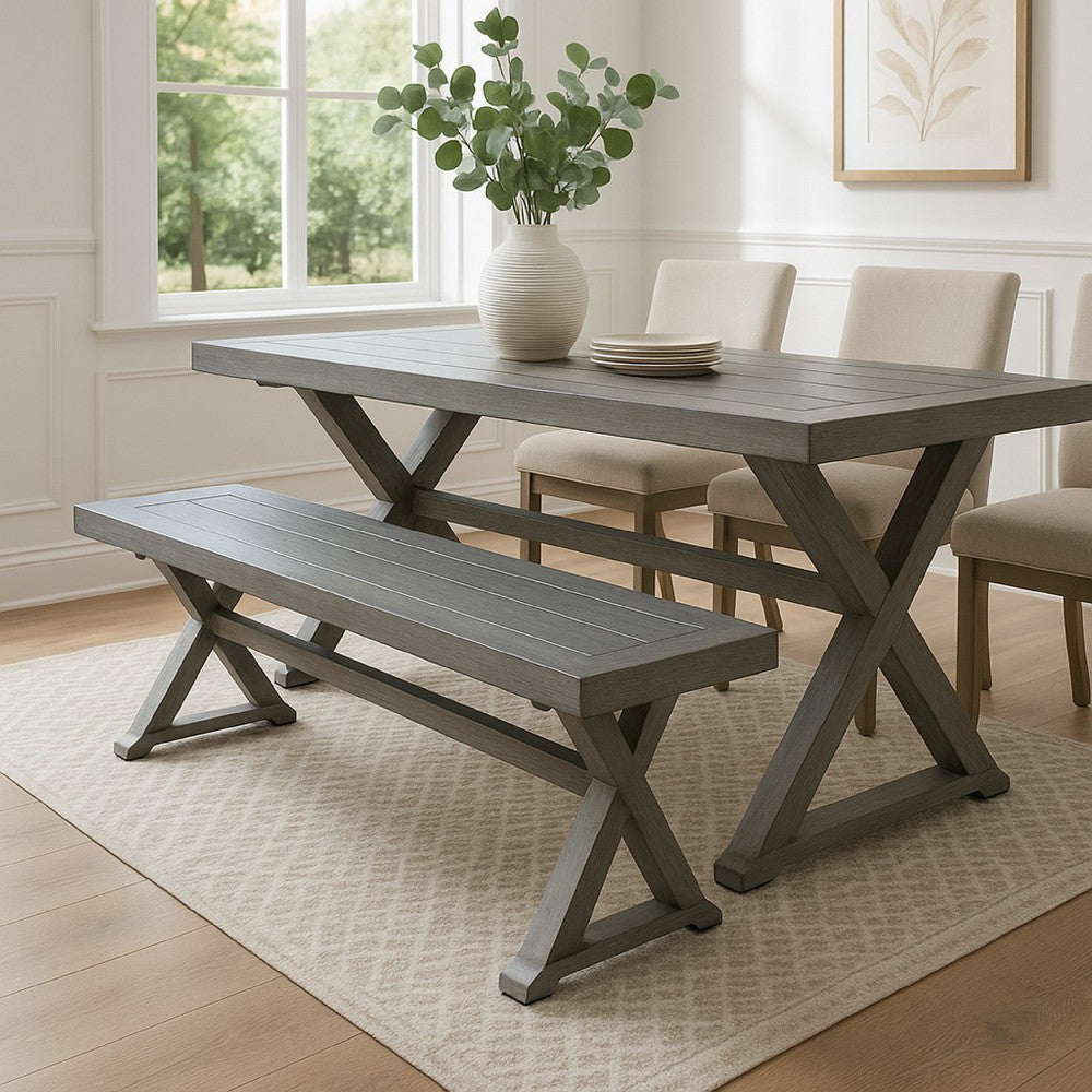 Benjara Jica Outdoor Dining Bench, X Shape Legs, Slatted Dark Gray Metal, 59 Inch