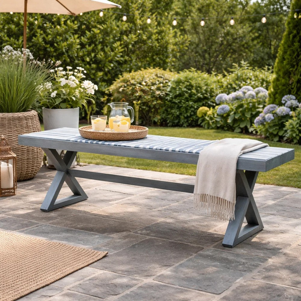 Benjara Jica Outdoor Dining Bench, X Shape Legs, Slatted Dark Gray Metal, 59 Inch