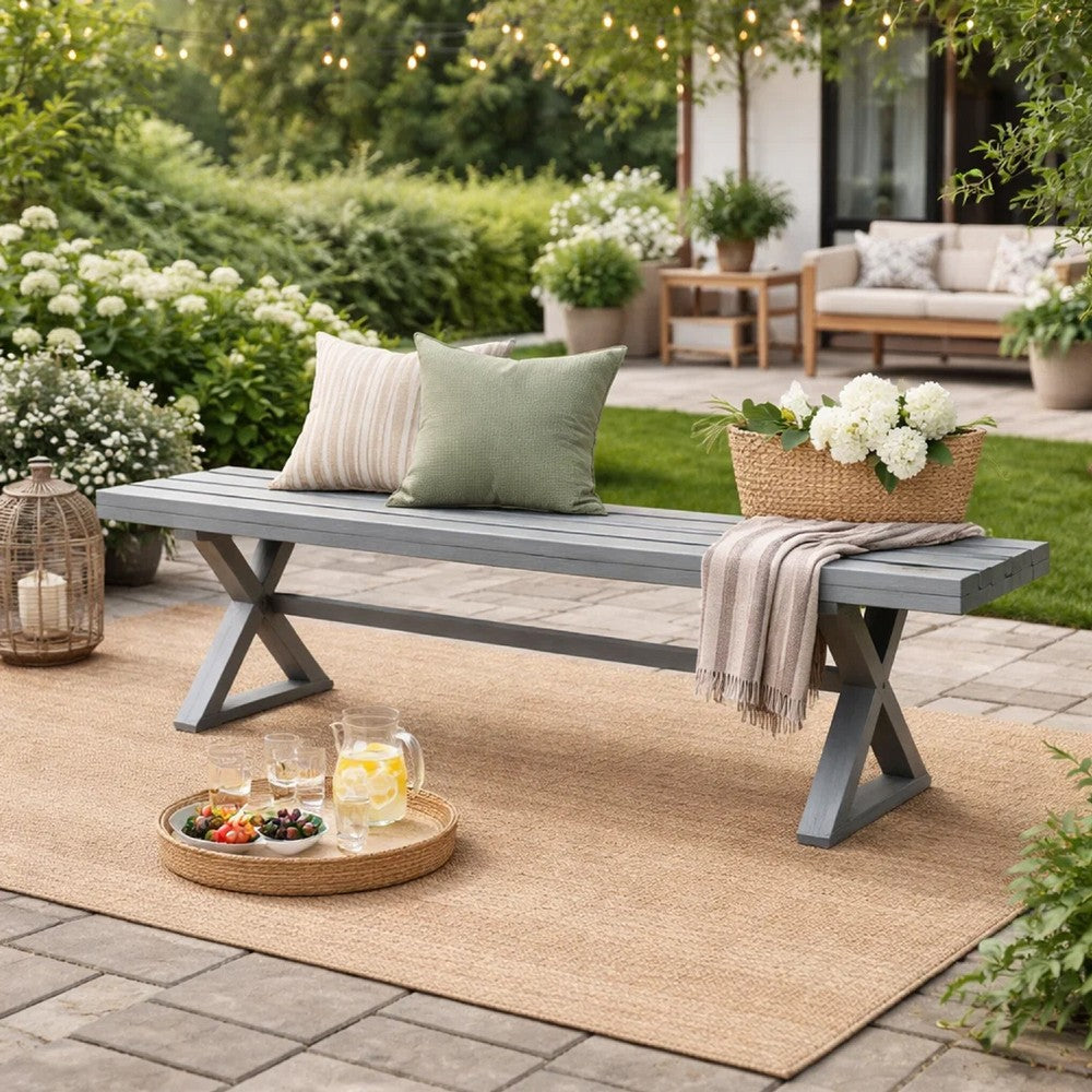 Benjara Jica Outdoor Dining Bench, X Shape Legs, Slatted Dark Gray Metal, 59 Inch