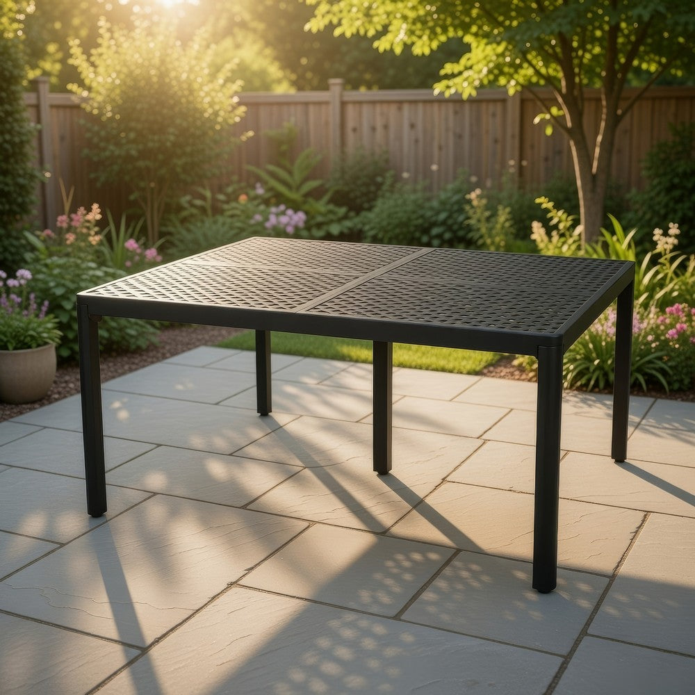 Benjara Riley Outdoor Dining Table, Square 61 Inch Matte Black Metal Lattice