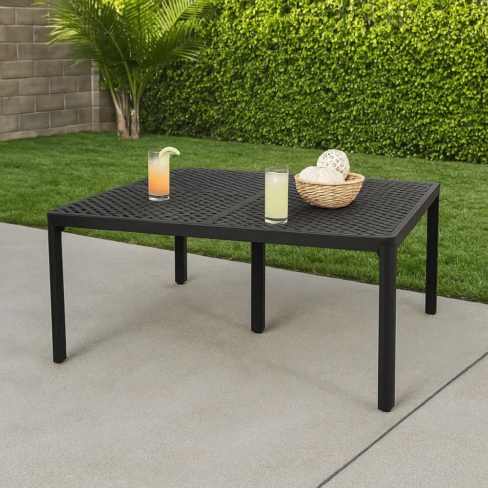 Benjara Riley Outdoor Dining Table, Square 61 Inch Matte Black Metal Lattice