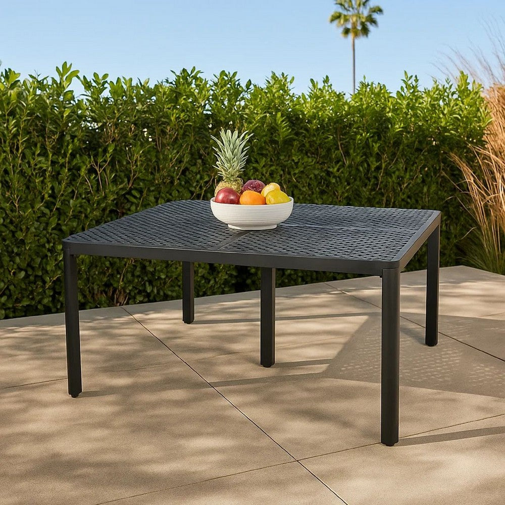 Benjara Riley Outdoor Dining Table, Square 61 Inch Matte Black Metal Lattice