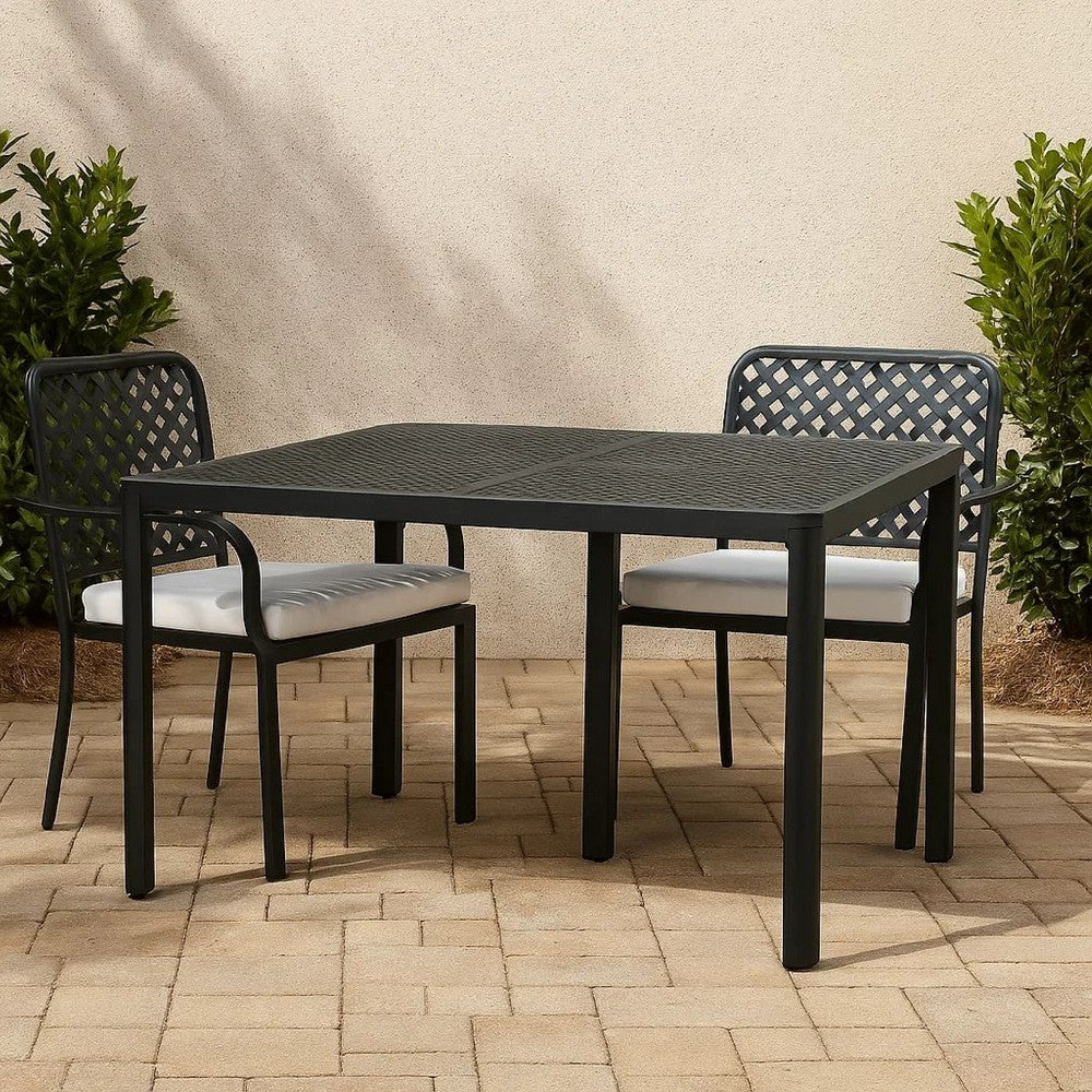 Benjara Riley Outdoor Dining Table, Square 61 Inch Matte Black Metal Lattice