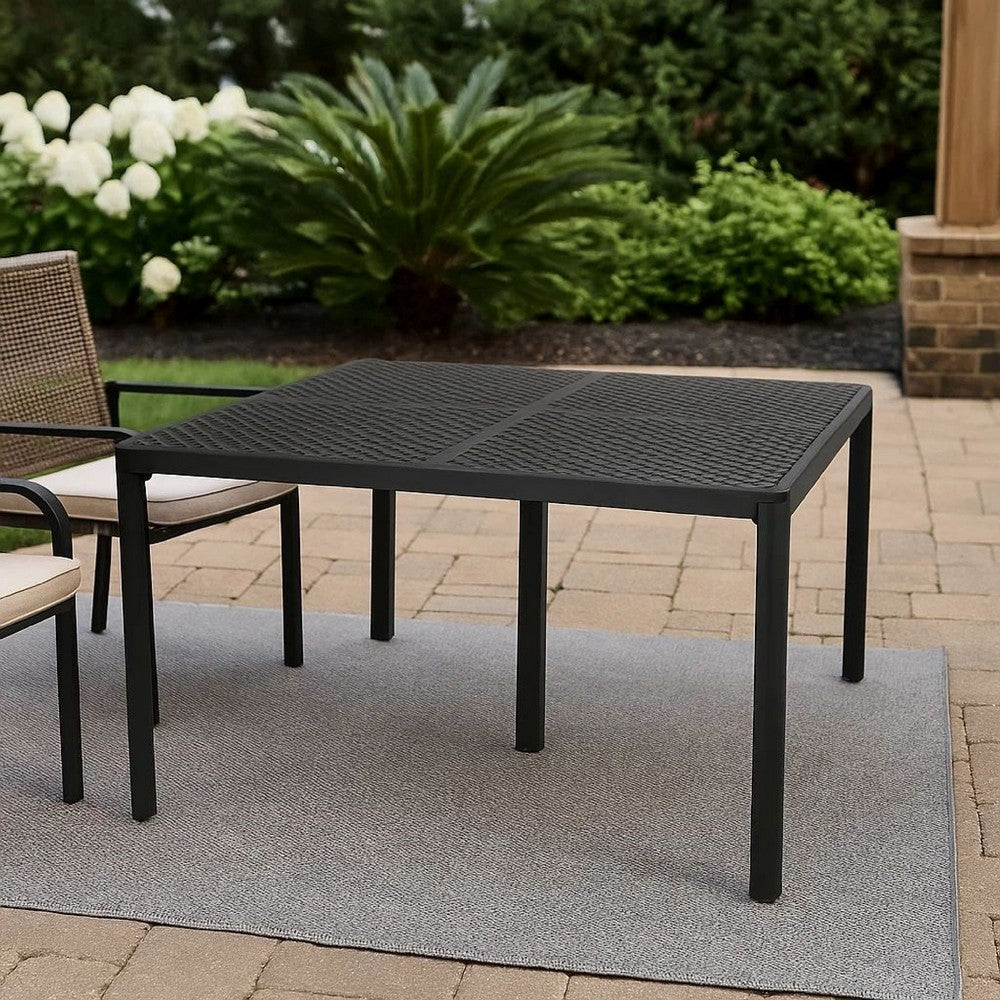 Benjara Riley Outdoor Dining Table, Square 61 Inch Matte Black Metal Lattice