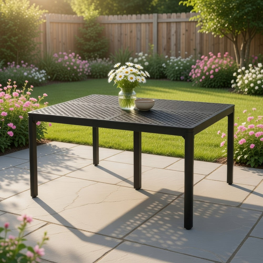 Benjara Riley Outdoor Dining Table, Square 61 Inch Matte Black Metal Lattice