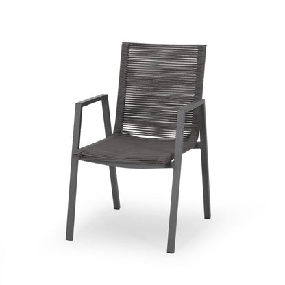 Benjara Teny Outdoor Dining Chair Set of 2, Dark Gray Metal. Woven Rope Seat Back