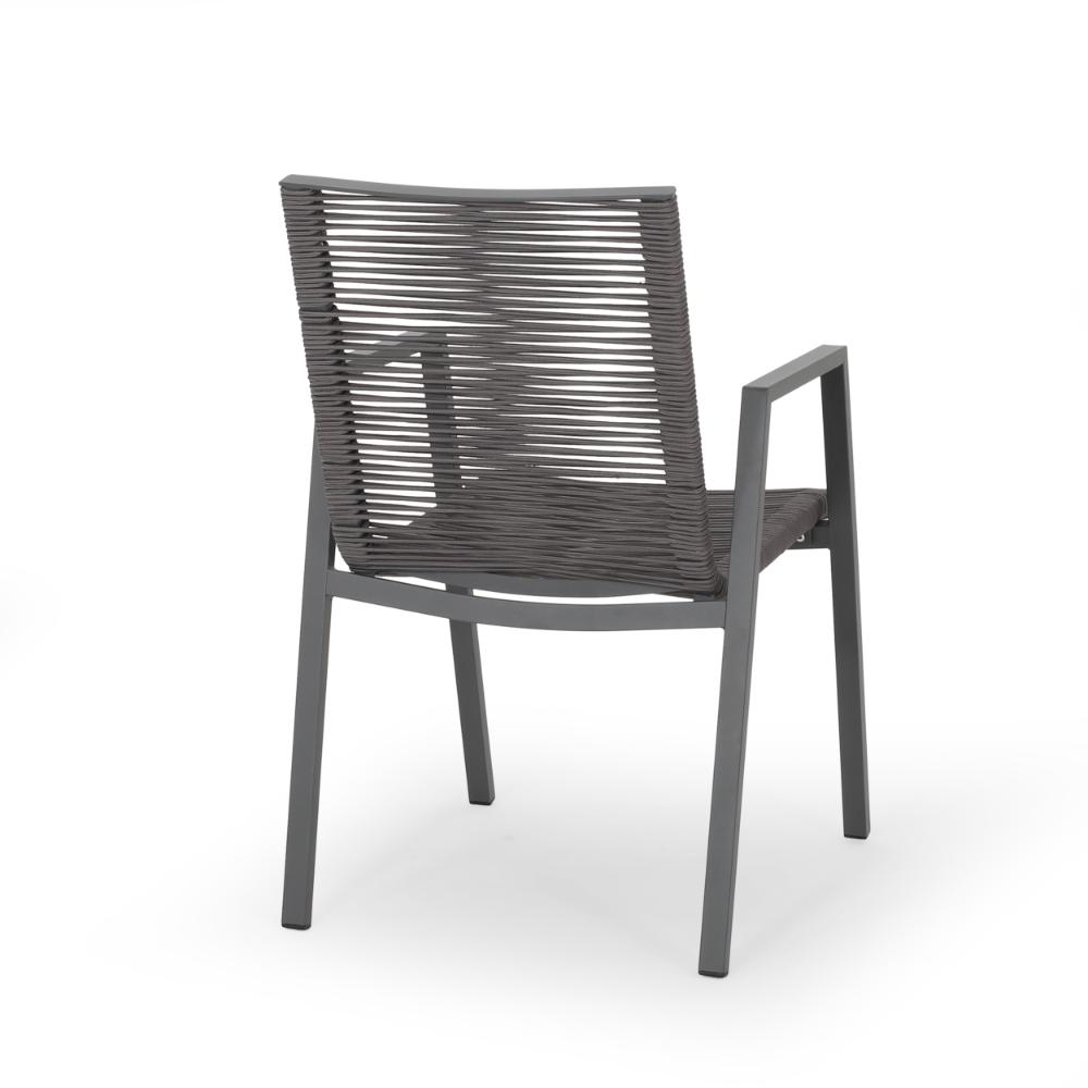 Benjara Teny Outdoor Dining Chair Set of 2, Dark Gray Metal. Woven Rope Seat Back