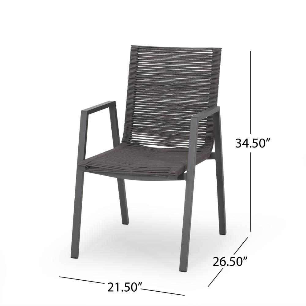 Benjara Teny Outdoor Dining Chair Set of 2, Dark Gray Metal. Woven Rope Seat Back