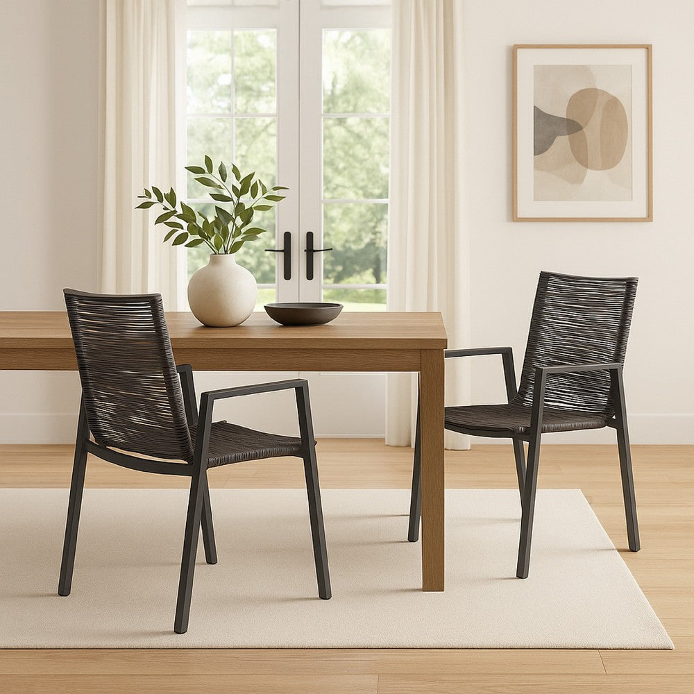 Benjara Teny Outdoor Dining Chair Set of 2, Dark Gray Metal. Woven Rope Seat Back