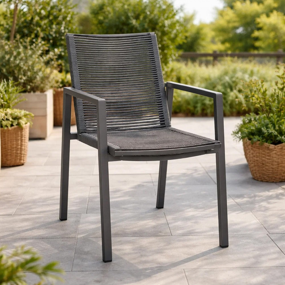 Benjara Teny Outdoor Dining Chair Set of 2, Dark Gray Metal. Woven Rope Seat Back
