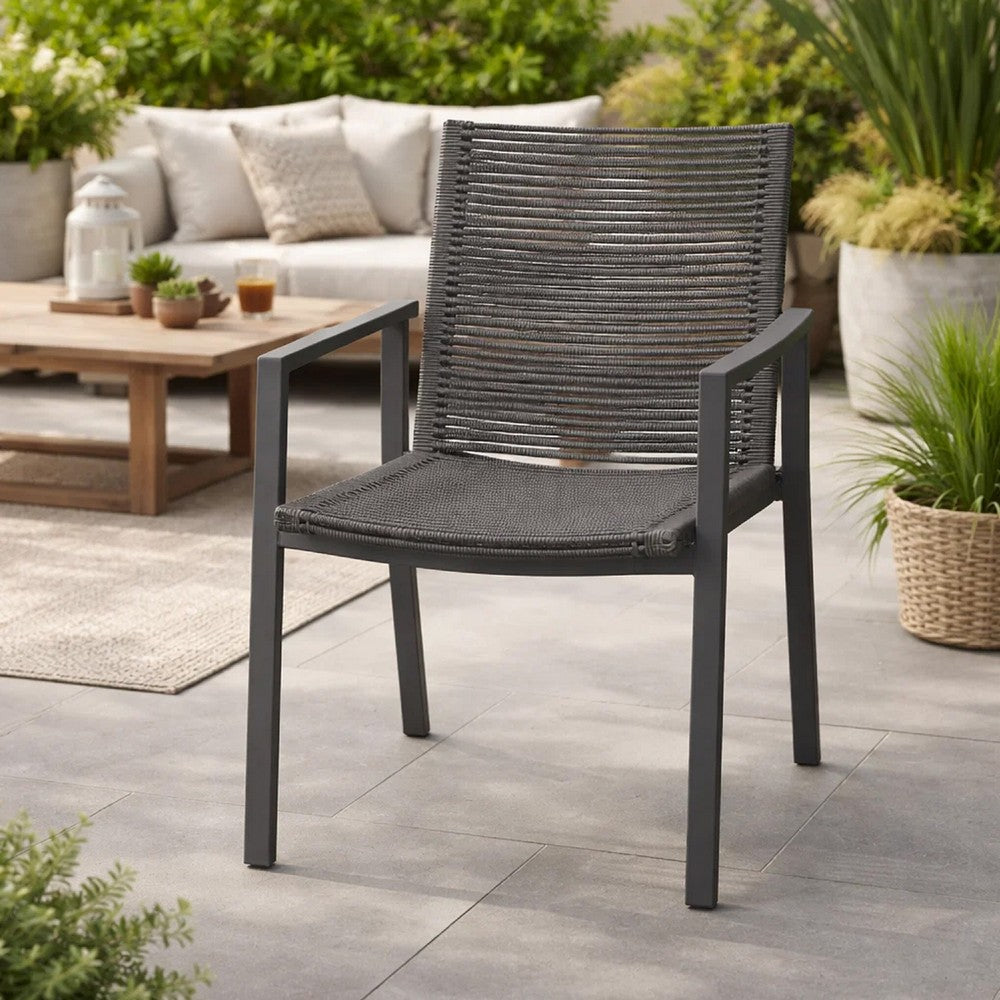 Benjara Teny Outdoor Dining Chair Set of 2, Dark Gray Metal. Woven Rope Seat Back