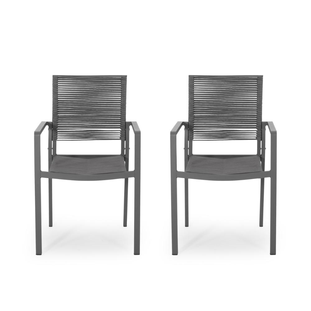 Benjara Teny Outdoor Dining Chair Set of 2, Open Back, Woven Rope, Dark Gray Metal