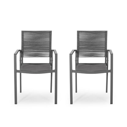 Benjara Teny Outdoor Dining Chair Set of 2, Open Back, Woven Rope, Dark Gray Metal