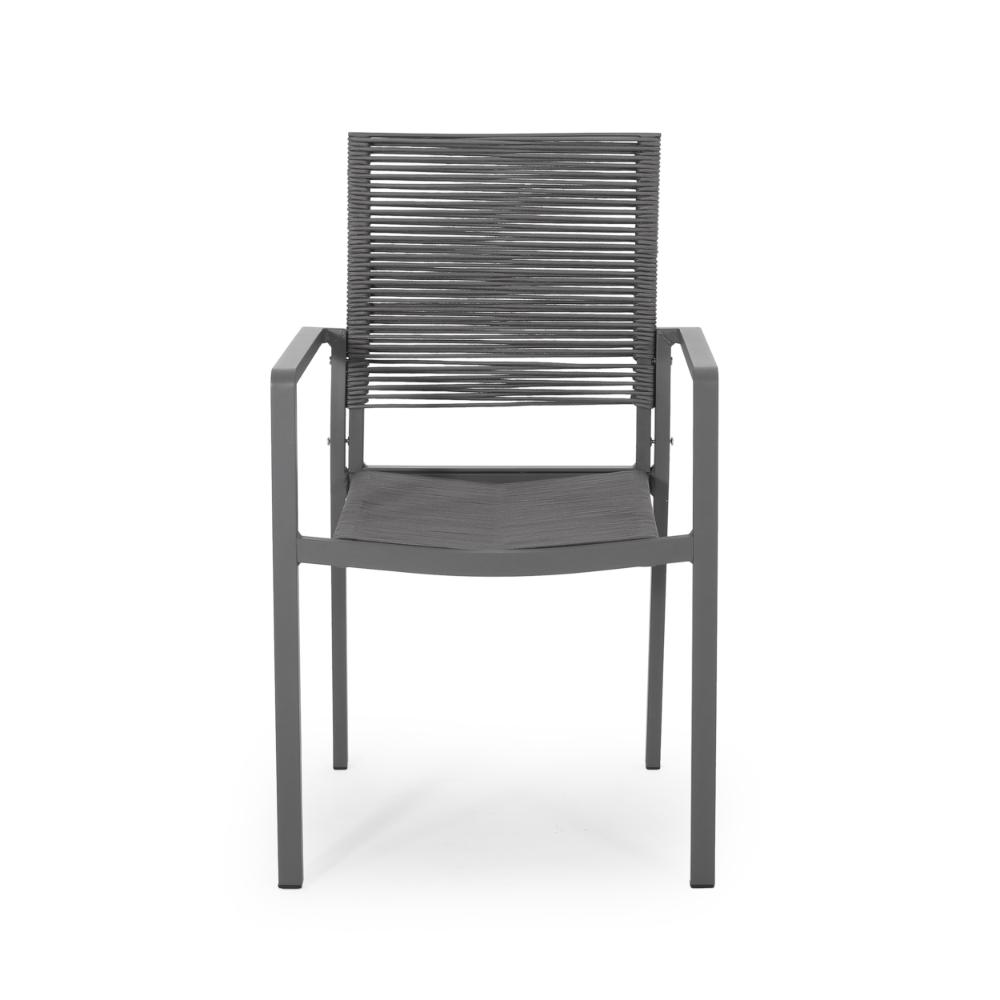 Benjara Teny Outdoor Dining Chair Set of 2, Open Back, Woven Rope, Dark Gray Metal