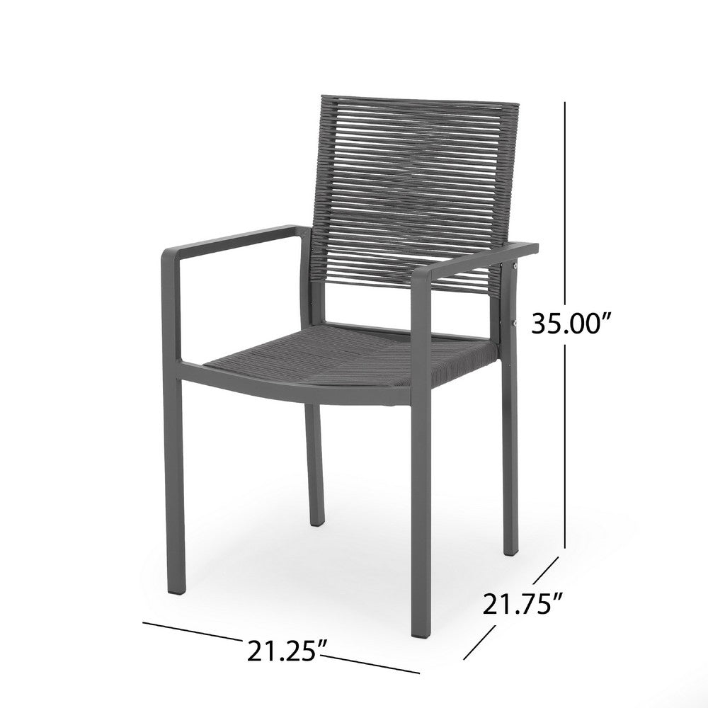 Benjara Teny Outdoor Dining Chair Set of 2, Open Back, Woven Rope, Dark Gray Metal