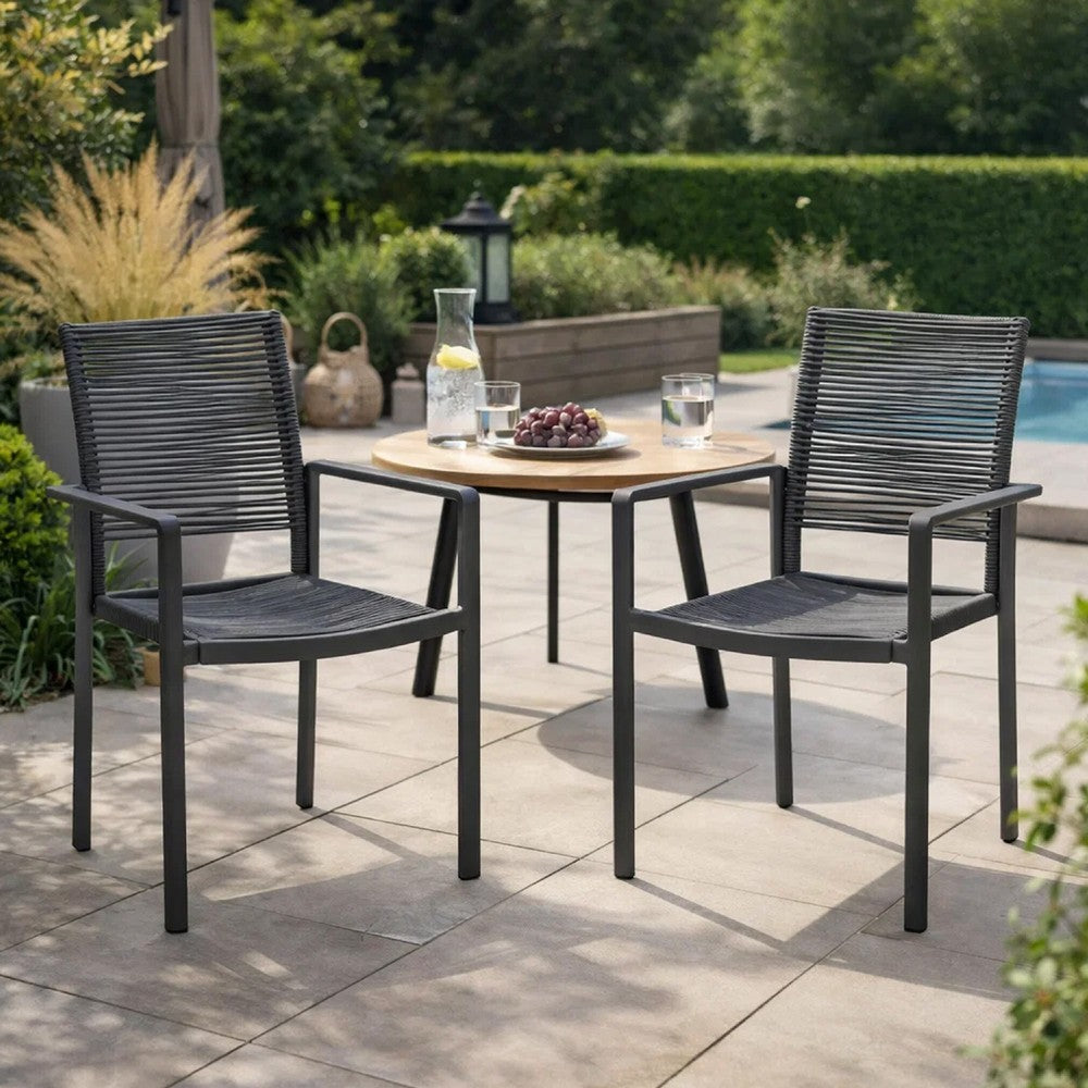 Benjara Teny Outdoor Dining Chair Set of 2, Open Back, Woven Rope, Dark Gray Metal