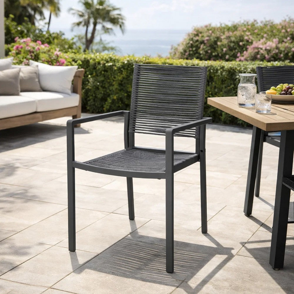 Benjara Teny Outdoor Dining Chair Set of 2, Open Back, Woven Rope, Dark Gray Metal