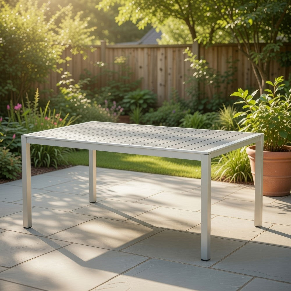 Benjara Eoin Outdoor Dining Table, Rectangular 71 Inch Gray Faux Wood, Metal Frame
