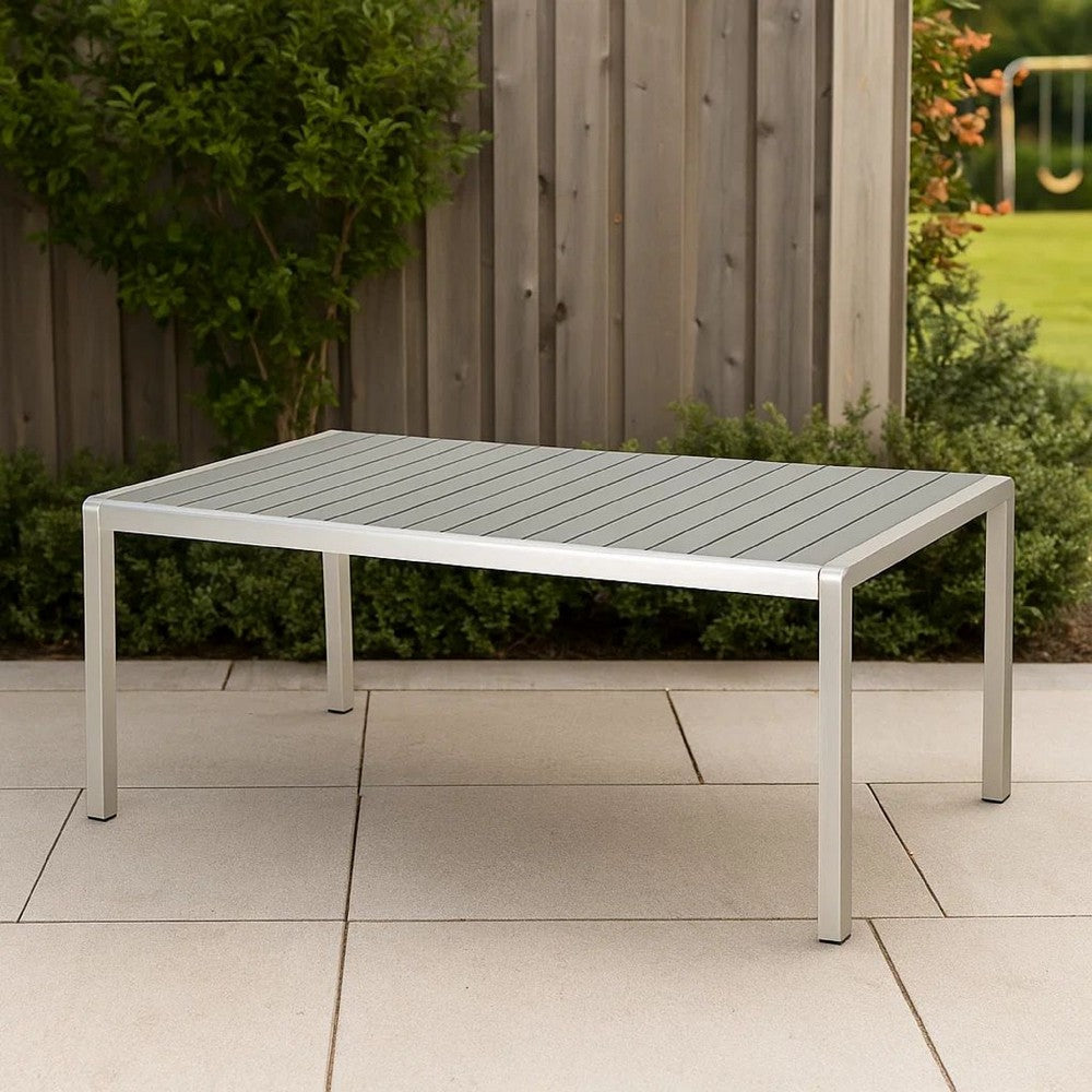 Benjara Eoin Outdoor Dining Table, Rectangular 71 Inch Gray Faux Wood, Metal Frame