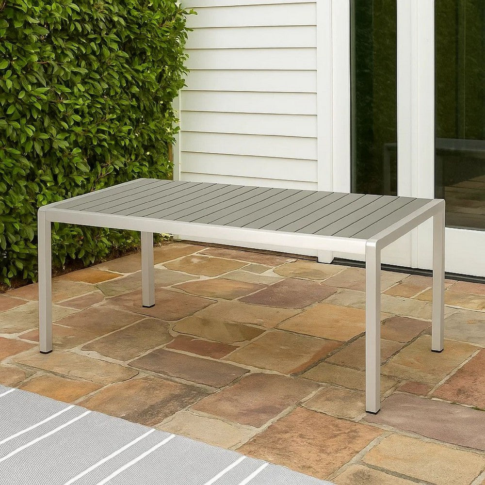 Benjara Eoin Outdoor Dining Table, Rectangular 71 Inch Gray Faux Wood, Metal Frame