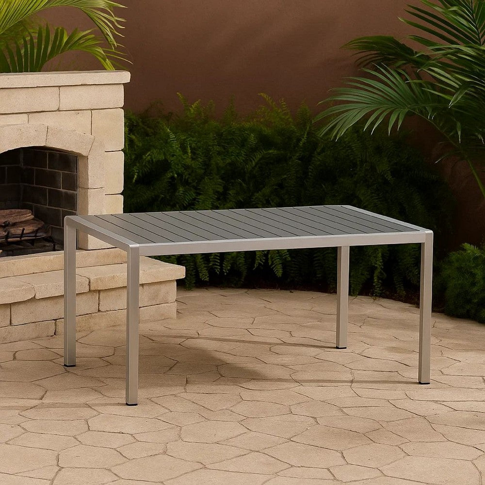 Benjara Eoin Outdoor Dining Table, Rectangular 71 Inch Gray Faux Wood, Metal Frame