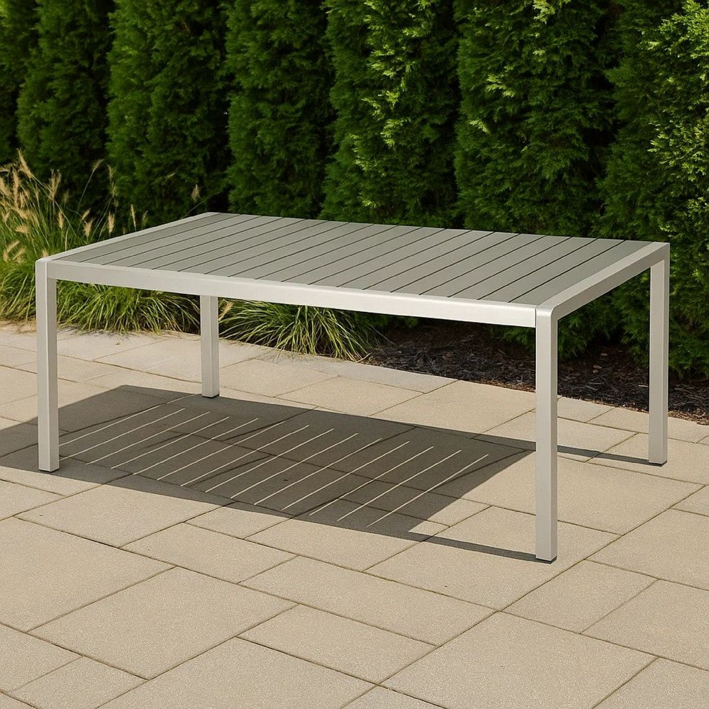 Benjara Eoin Outdoor Dining Table, Rectangular 71 Inch Gray Faux Wood, Metal Frame