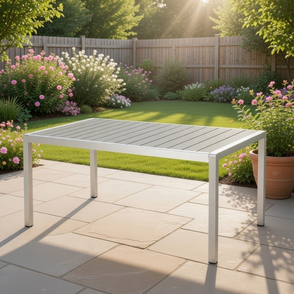 Benjara Eoin Outdoor Dining Table, Rectangular 71 Inch Gray Faux Wood, Metal Frame