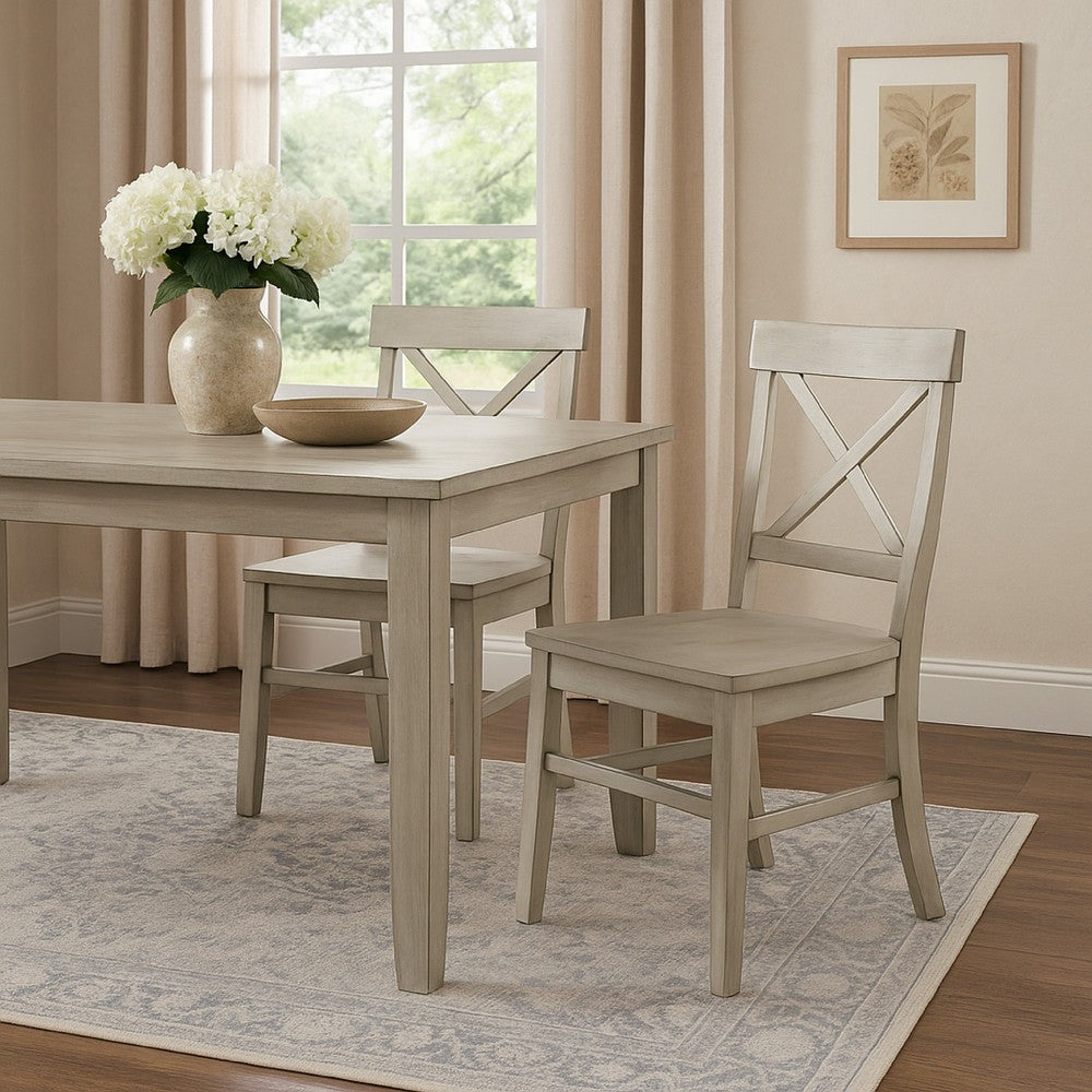 Benjara Ricks Dining Chair Set of 2, X Shape Back, Light Gray Acacia Wood Frame