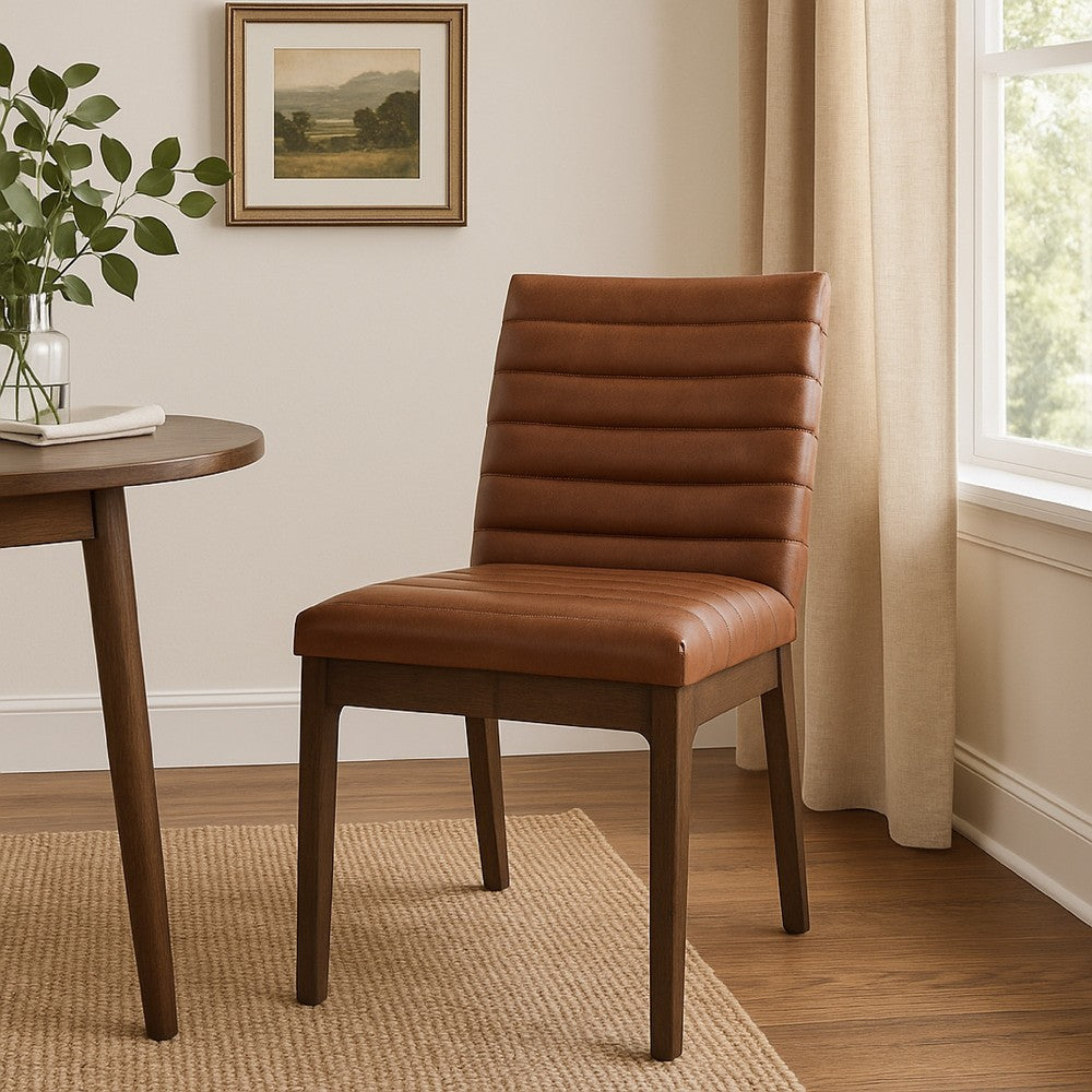 Benjara Lissa Dining Chair, Channel Stitching, Brown Polyester Cushions, Wood Legs
