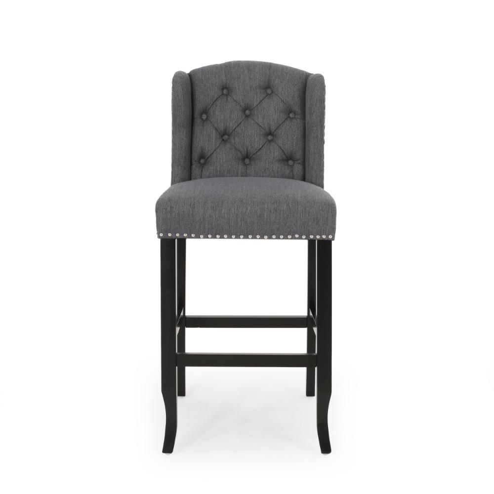 Benjara Seliva Barstool Chair Set of 2, Charcoal Gray, Tufted Back, Black Wood