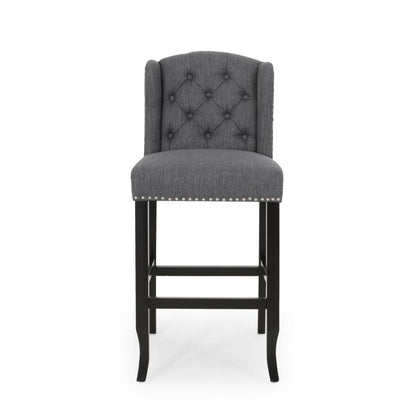 Benjara Seliva Barstool Chair Set of 2, Charcoal Gray, Tufted Back, Black Wood