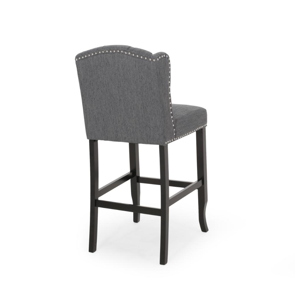 Benjara Seliva Barstool Chair Set of 2, Charcoal Gray, Tufted Back, Black Wood
