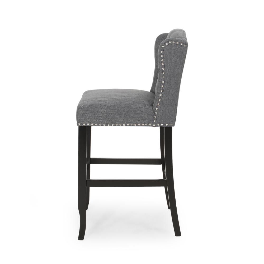 Benjara Seliva Barstool Chair Set of 2, Charcoal Gray, Tufted Back, Black Wood