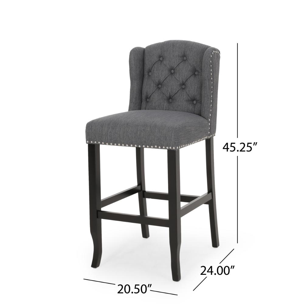 Benjara Seliva Barstool Chair Set of 2, Charcoal Gray, Tufted Back, Black Wood