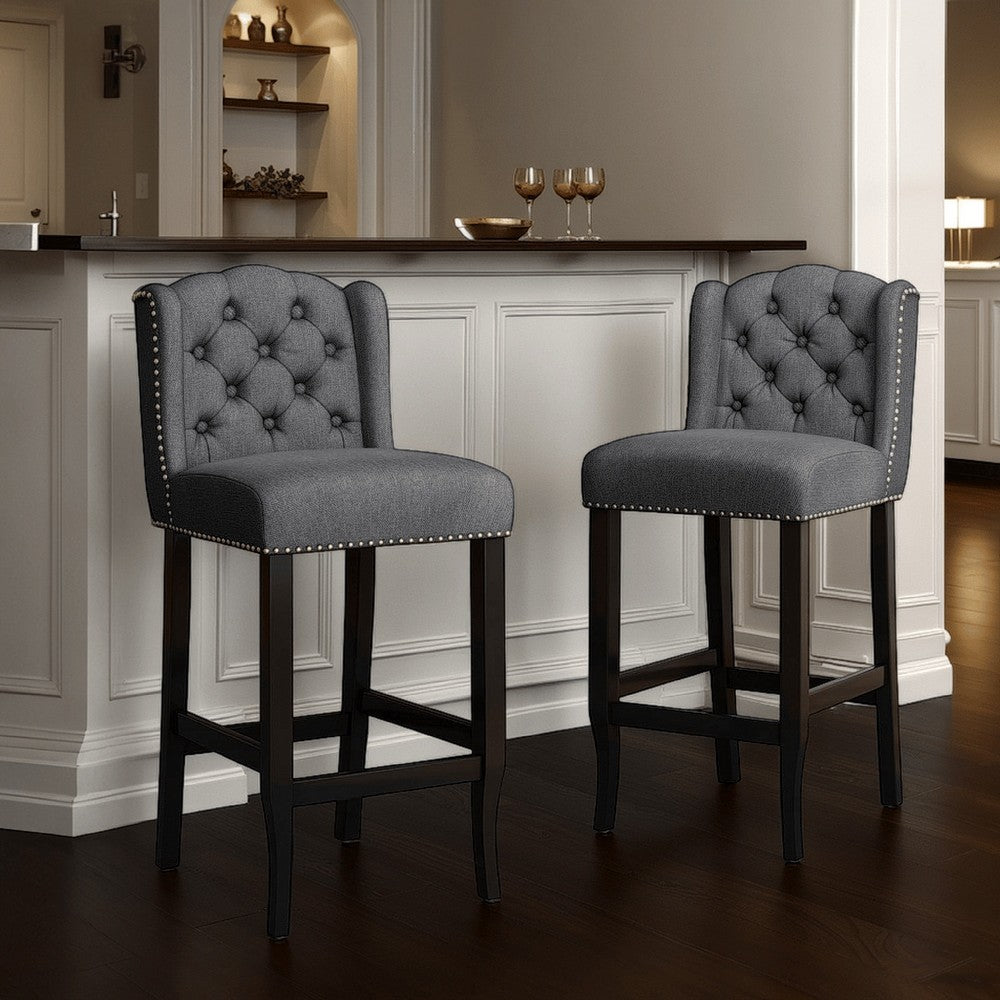 Benjara Seliva Barstool Chair Set of 2, Charcoal Gray, Tufted Back, Black Wood