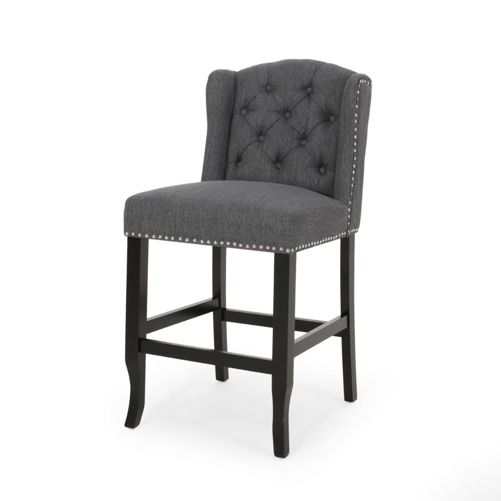 Benjara Seliva Counter Stool Chair Set of 2, Charcoal Gray, Tufted Back, Brown Wood