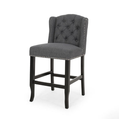 Benjara Seliva Counter Stool Chair Set of 2, Charcoal Gray, Tufted Back, Brown Wood