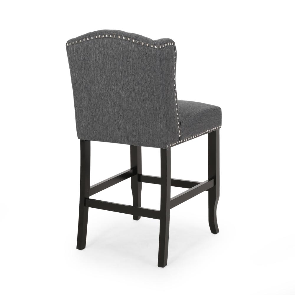Benjara Seliva Counter Stool Chair Set of 2, Charcoal Gray, Tufted Back, Brown Wood