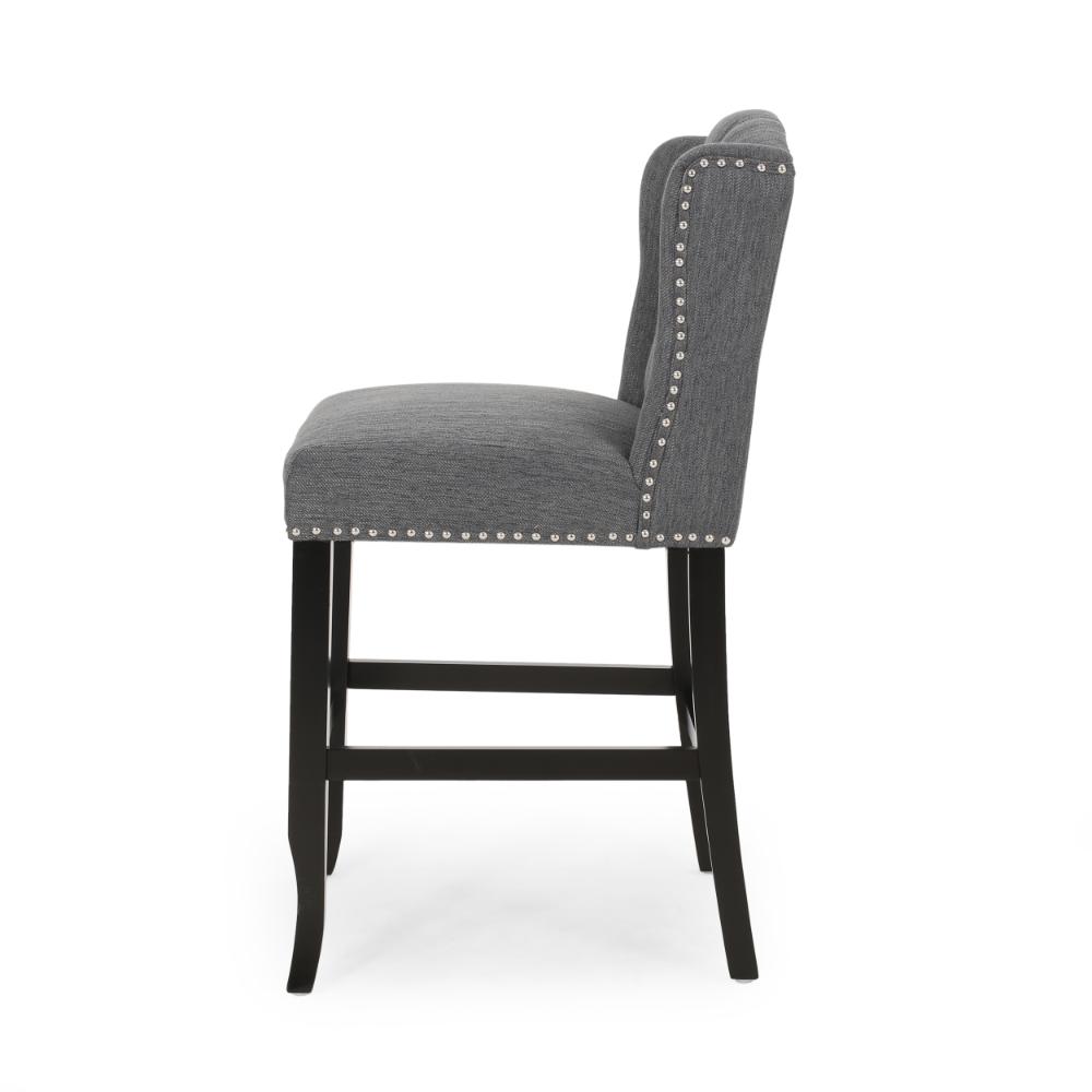 Benjara Seliva Counter Stool Chair Set of 2, Charcoal Gray, Tufted Back, Brown Wood