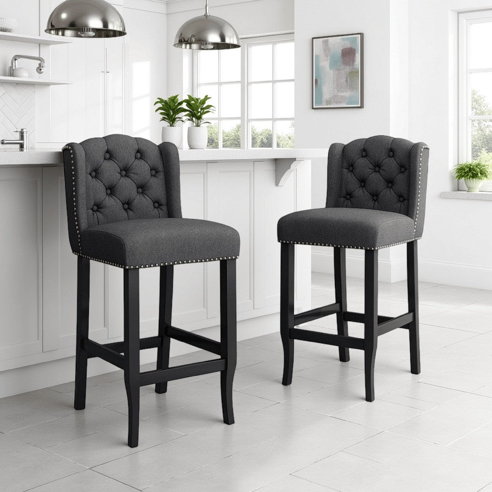 Benjara Seliva Counter Stool Chair Set of 2, Charcoal Gray, Tufted Back, Brown Wood
