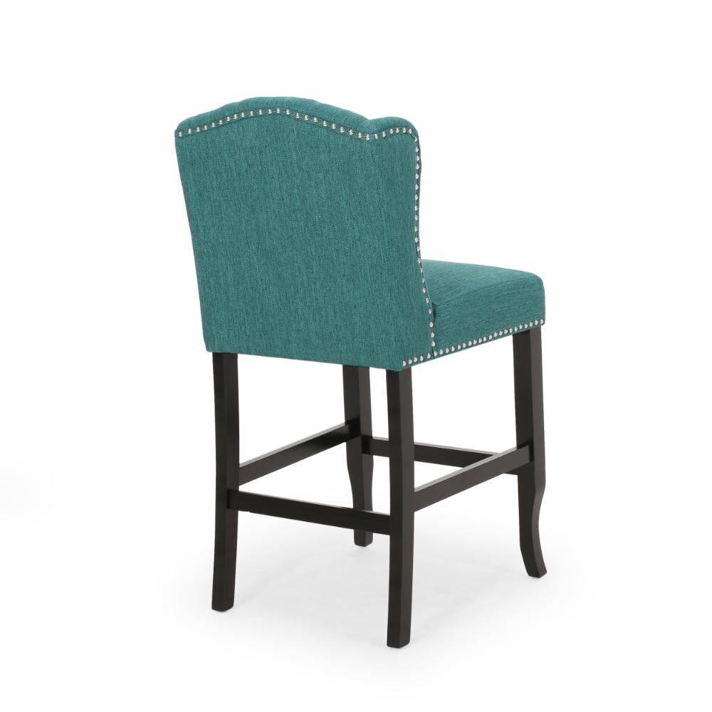 Benjara Seliva Counter Stool Chair Set of 2, Teal, Tufted Wingback, Brown Wood