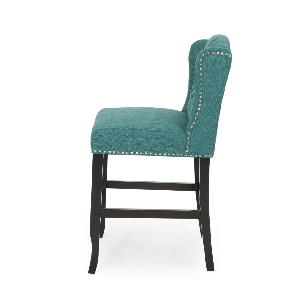 Benjara Seliva Counter Stool Chair Set of 2, Teal, Tufted Wingback, Brown Wood
