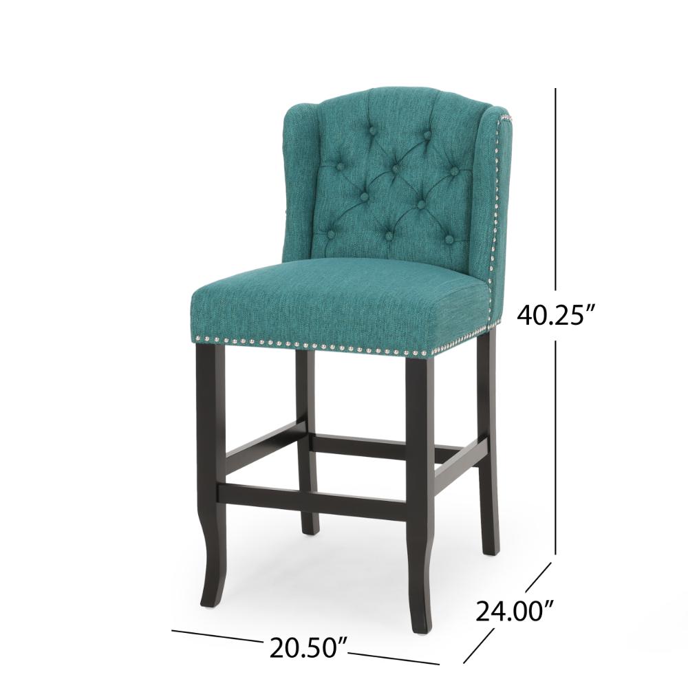 Benjara Seliva Counter Stool Chair Set of 2, Teal, Tufted Wingback, Brown Wood