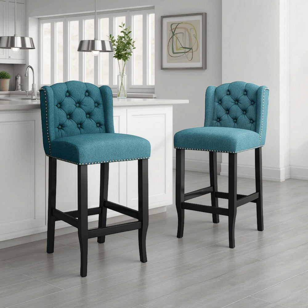 Benjara Seliva Counter Stool Chair Set of 2, Teal, Tufted Wingback, Brown Wood
